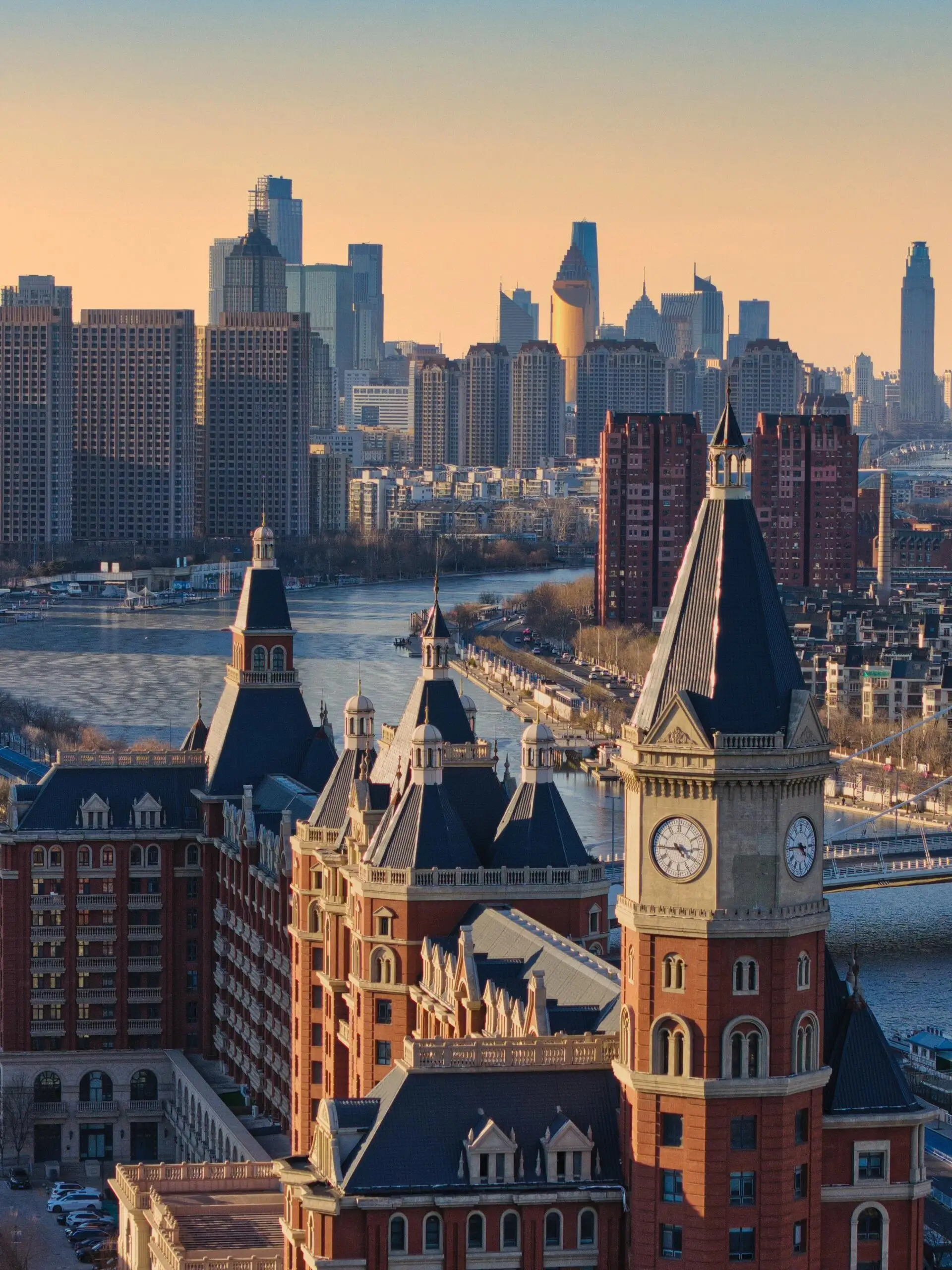 Tianjin skyline view featuring Haihe River, modern buildings, and historic European-style architecture near the city center