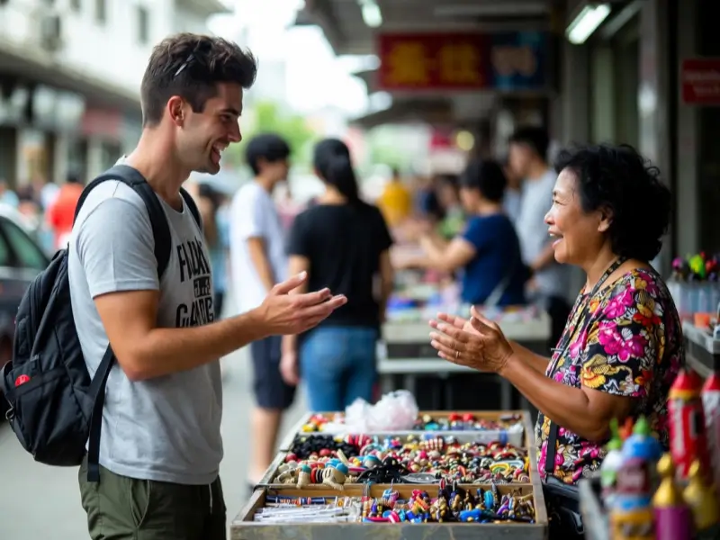 Traveler learning basic Chinese phrases like nǐ hǎo and xièxie.