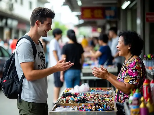 Traveler learning basic Chinese phrases like nǐ hǎo and xièxie.