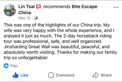 Screenshot of a Facebook recommendation for Bite Escape China by Penny Huang. The review says the group had a wonderful experience with Bite Escape, including a professional and well-organized 2-day horseback riding trip. The guest mentions feeling safe and confident throughout the tour, enjoying the peaceful and beautiful Jinshanling Great Wall, and appreciating the many great photos taken by Lynn during the trip.