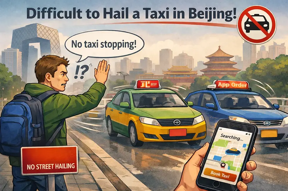 Alt text:
A traveler in Beijing unsuccessfully trying to wave down a taxi on a busy street while using a ride-hailing app on his smartphone.