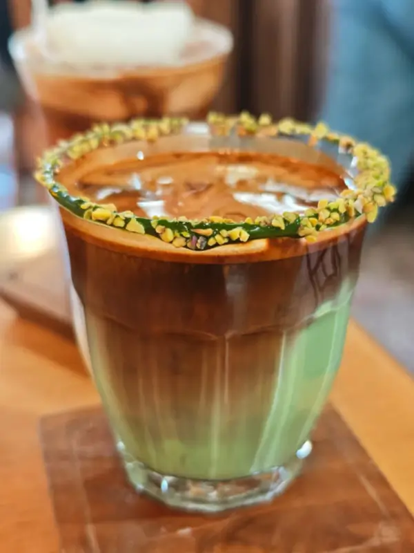 Happy Ghost Dirty coffee with crumble rim at Metal Hands Café