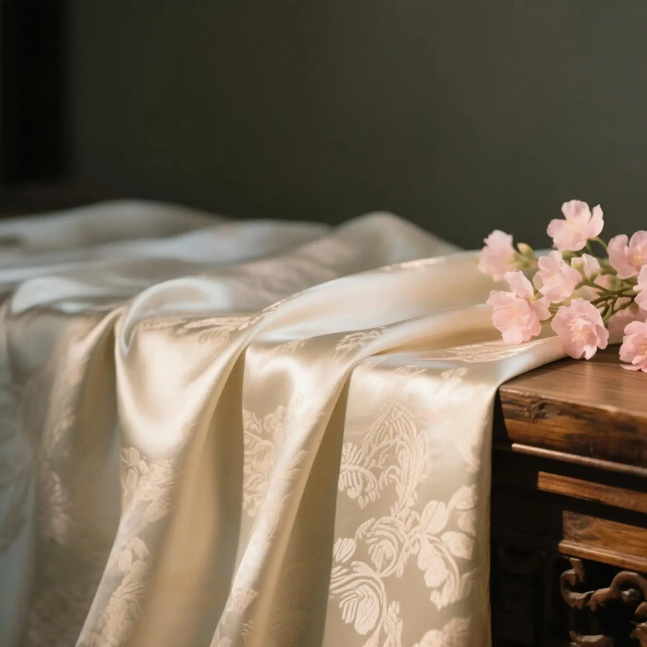 Soft silk fabric with subtle floral patterns draped on a wooden table, showcasing the smooth texture and elegance of Chinese silk.