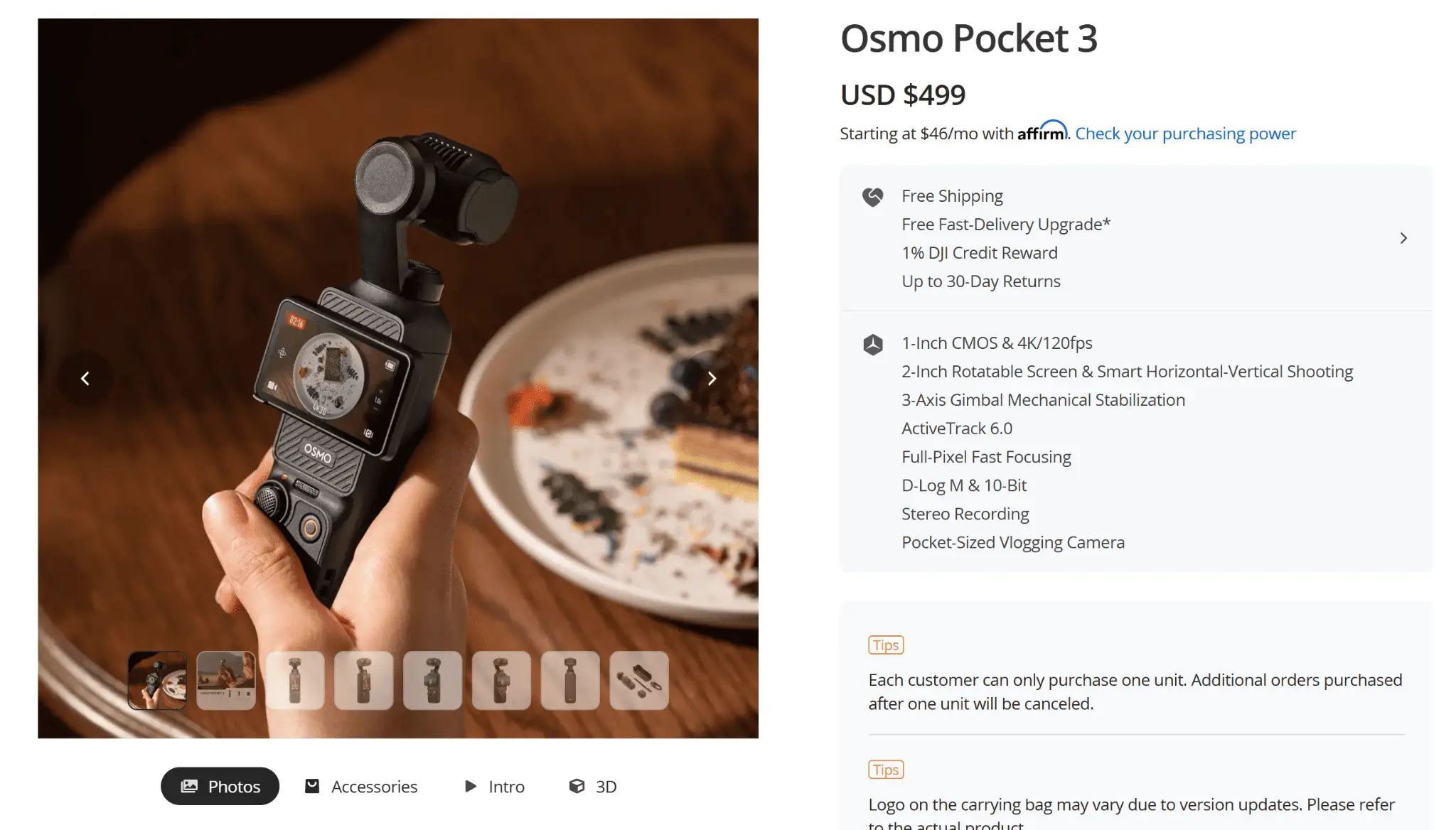 the price of pocket3 in US