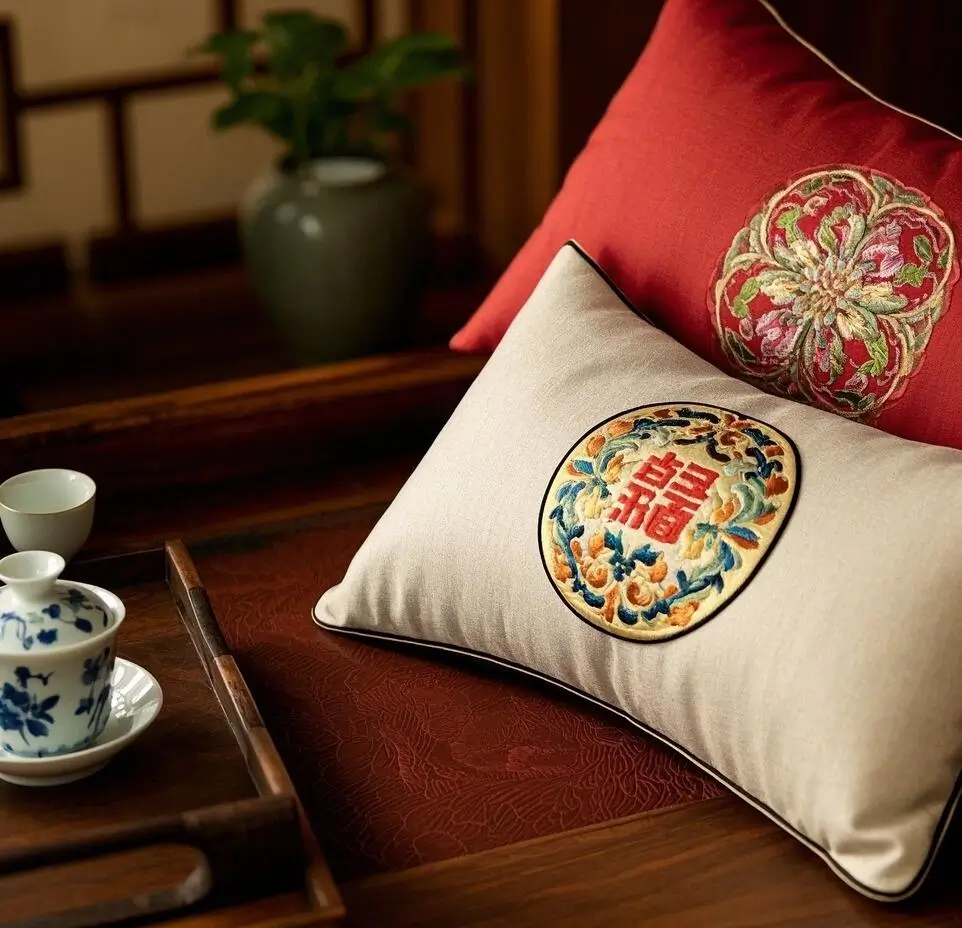 Decorative cushion with Beijing embroidery design, featuring a Chinese character motif and intricate stitching, set in a traditional Beijing interior.