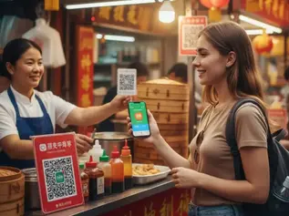 tourist using alipay and wechat pay to scan qr code at chinese street food stall