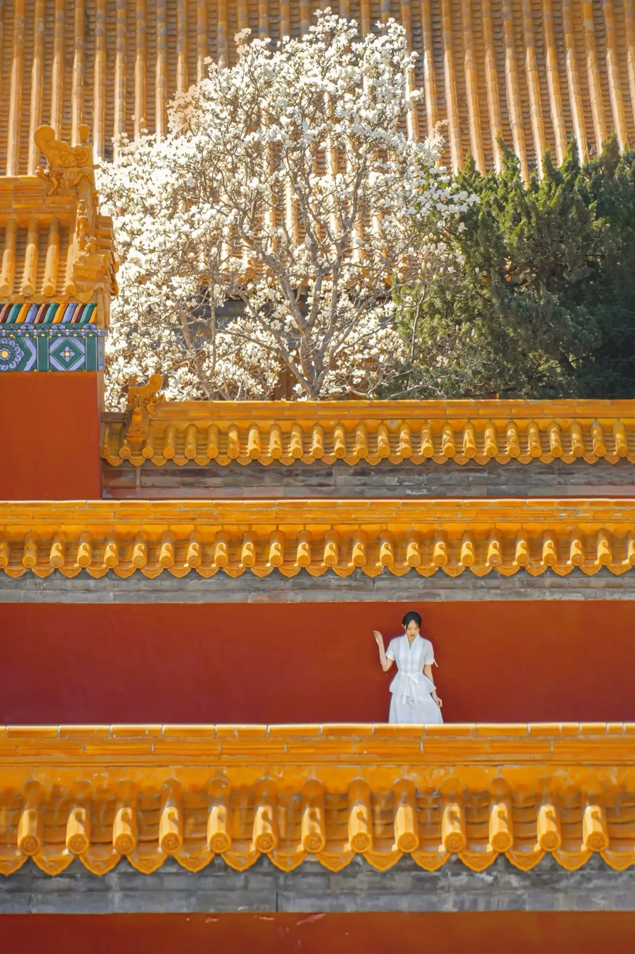 A traveler in white standing against a majestic red palace wall topped with yellow glazed tiles at D