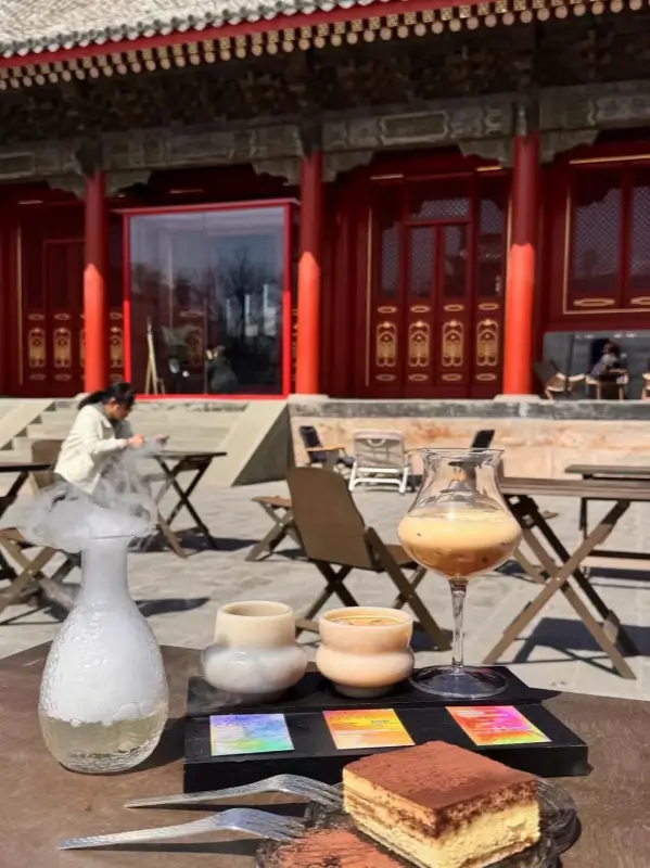 Drinks served in the courtyard of a restored temple space at Half Coffee in Beijing.