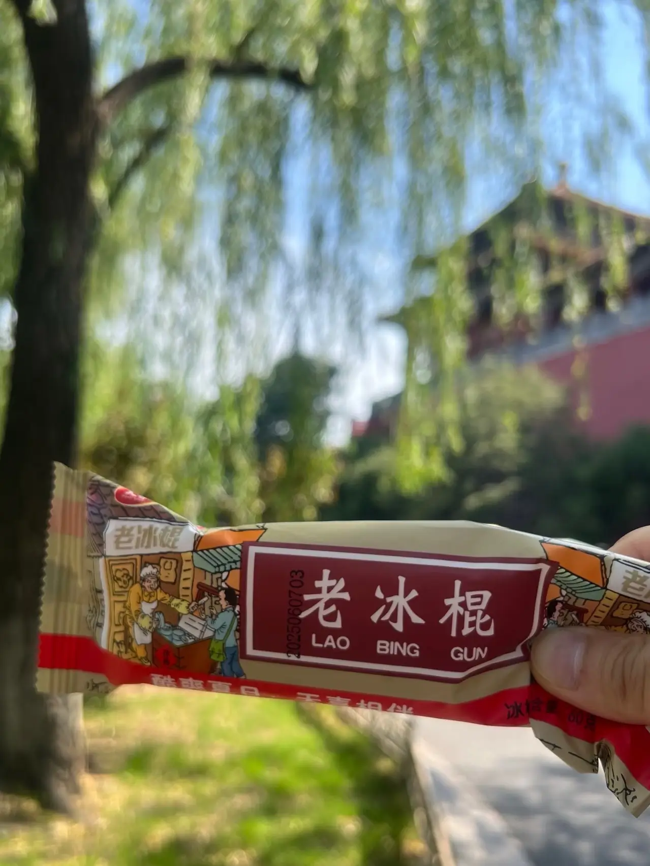 A close-up of a hand holding a traditional "Lao Bing Gun" (Old Ice Popsicle) in its vintage-style cream and red packaging. The background is a soft-focus view of a sunny park with lush green willow trees and the traditional red walls of a historic Beijing building under a clear blue sky.