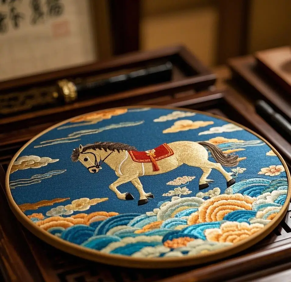 Round Beijing embroidery artwork featuring a horse and cloud patterns, showcasing detailed stitching and traditional imperial-style Jingxiu craftsmanship.