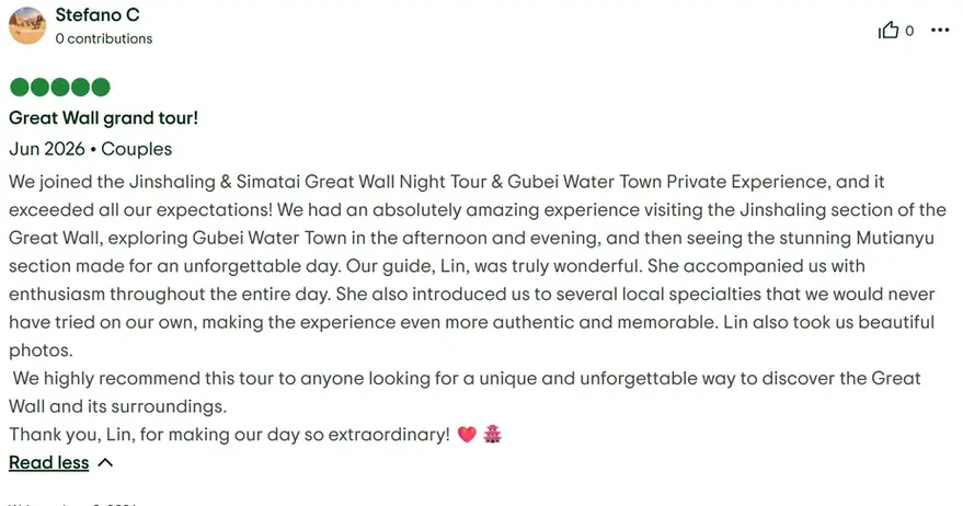 Customer review on Tripadvisor screenshot for Bite Escape China’s Great Wall private tour, showing a 5-star couple review from June 2026. The guests describe their Jinshanling and Simatai Great Wall Night Tour with Gubei Water Town as an amazing experience, highlighting the afternoon visit to Gubei Water Town, the evening Great Wall views, local food recommendations, professional guide service by Lin, and beautiful travel photos.