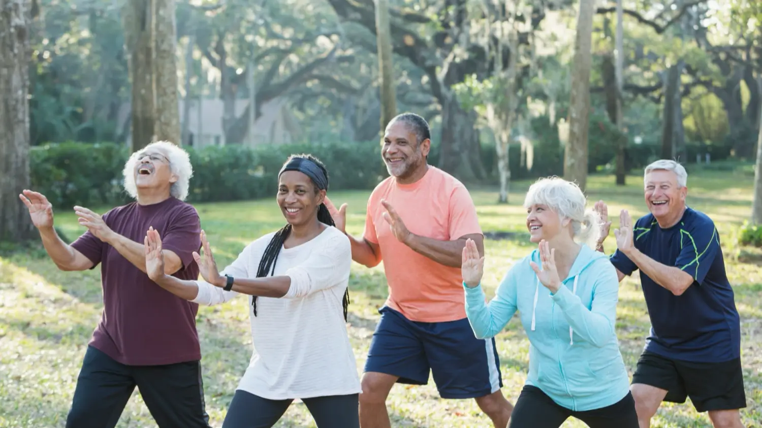 : A smiling group of participants following an instructor in an outdoor Tai Chi class. Set against a lush green park background, they are performing graceful, flowing movements, highlighting a wellness and cultural experience in nature.