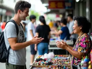 Foreign traveler smiling while learning basic Chinese phrases from a street vendor in China.