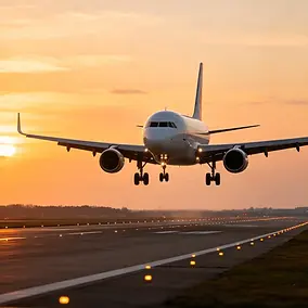 Airplane landing at Beijing airport during sunset, representing arrival in Beijing and private airport pickup on Day 0 of the wellness tour.