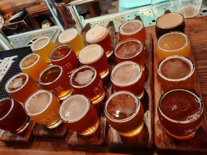 A flight of craft beers at Great Leap Brewing in Beijing