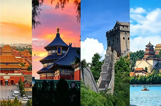 Collage of Beijing city landmarks, featuring the Forbidden City, Temple of Heaven, Tiananmen area, and Summer Palace for a private Beijing city day tour.