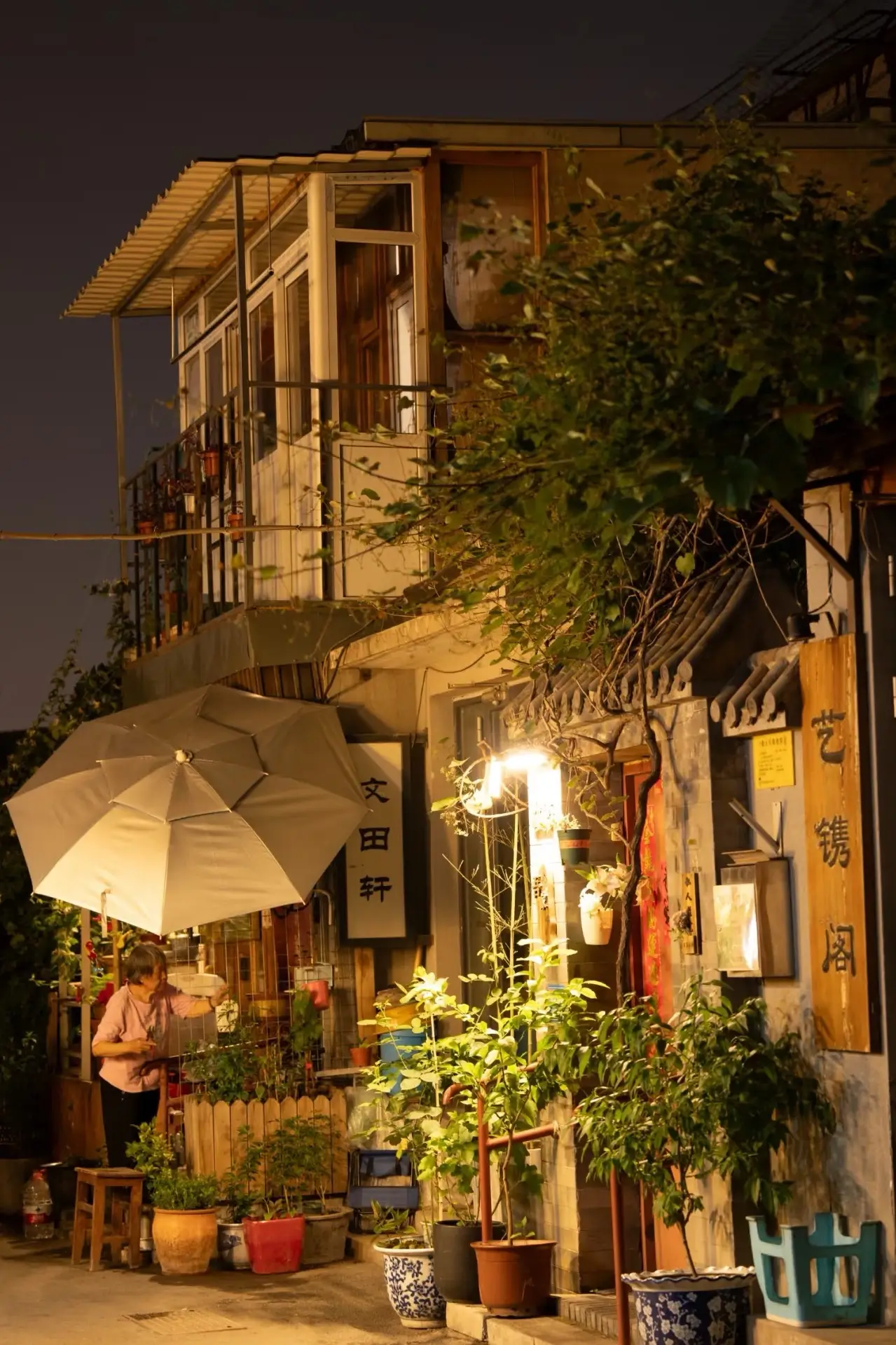 Cozy Beijing hutong street at night with warm lights, small local shopfront, and leafy courtyard balconies, showing the intimate atmosphere of a historic alley.
