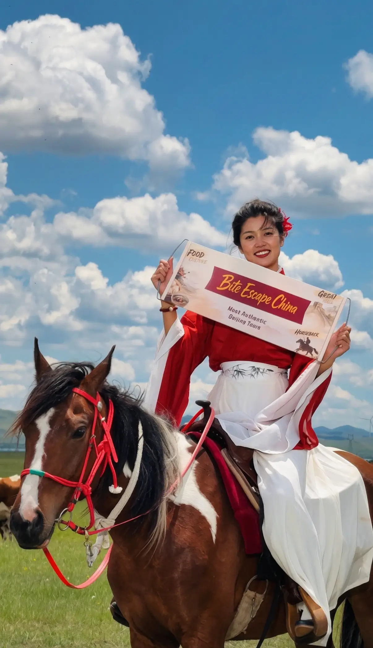 Woman wearing red-and-white hanfu poses on horseback under a blue sky in Beijing.