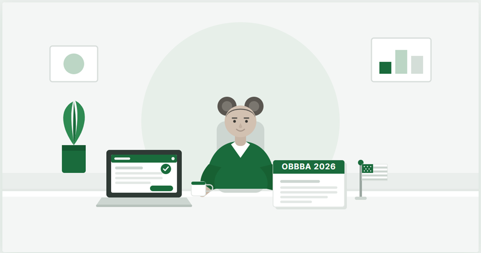 Flat vector illustration of a foreign business owner reviewing OBBBA 2026 tax compliance documents at a desk, with U.S. tax forms and IRS filing screen visible