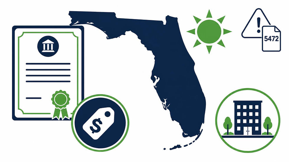 Illustration showing Florida as the best U.S.
state for non-residents with physical U.S.
presence or Florida clients, with a $138.75
annual report fee, no state income tax, and
the IRS Form 5472 federal filing obligation
that applies to all foreign-owned Florida LLCs