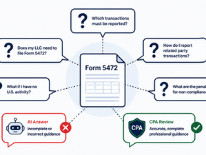 Illustration of real Form 5472 questions from foreign LLC owners, including a documented case of incorrect AI-generated tax guidance corrected by CPA review