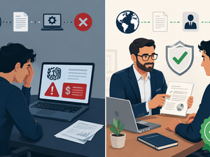 Split illustration comparing automated Form 5472 filing — which misses a reportable transaction and triggers a $25,000 IRS penalty — versus CPA-prepared filing at Form5472.online which identifies all transactions and includes a Zero-Penalty Guarantee