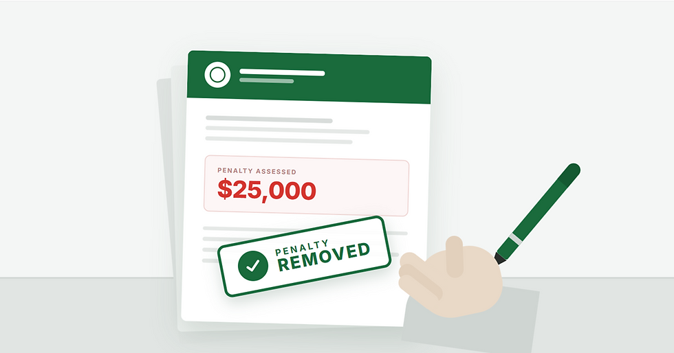 Flat vector illustration of an IRS Form 5472 penalty notice with a green penalty removed stamp showing successful reasonable cause abatement