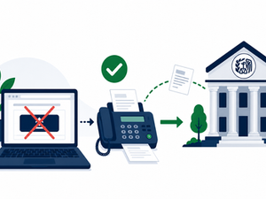 Illustration showing that Form 5472 cannot be filed electronically — a laptop with a red X indicates no e-file option, while a fax machine with a green checkmark shows the correct IRS submission method to the Ogden processing center at 855-887-7737