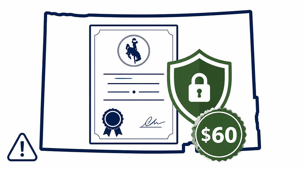 Illustration showing Wyoming as the top choice for non-US residents forming a U.S. LLC, highlighting no state income tax, strong privacy, $60 annual fee, and the IRS Form 5472 obligation that applies to all foreign-owned Wyoming LLCs