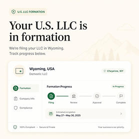 Screenshot of the LaunchUSA dashboard showing the U.S. LLC formation progress for Wyoming, including Formation, Company Info, and Compliance steps.
