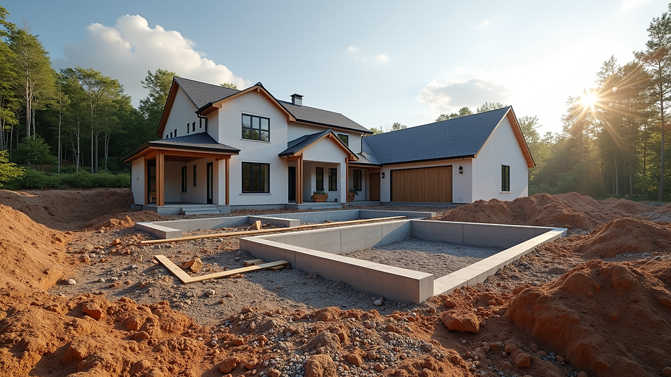 Wide angle view of a construction site with foundation work for a custom home