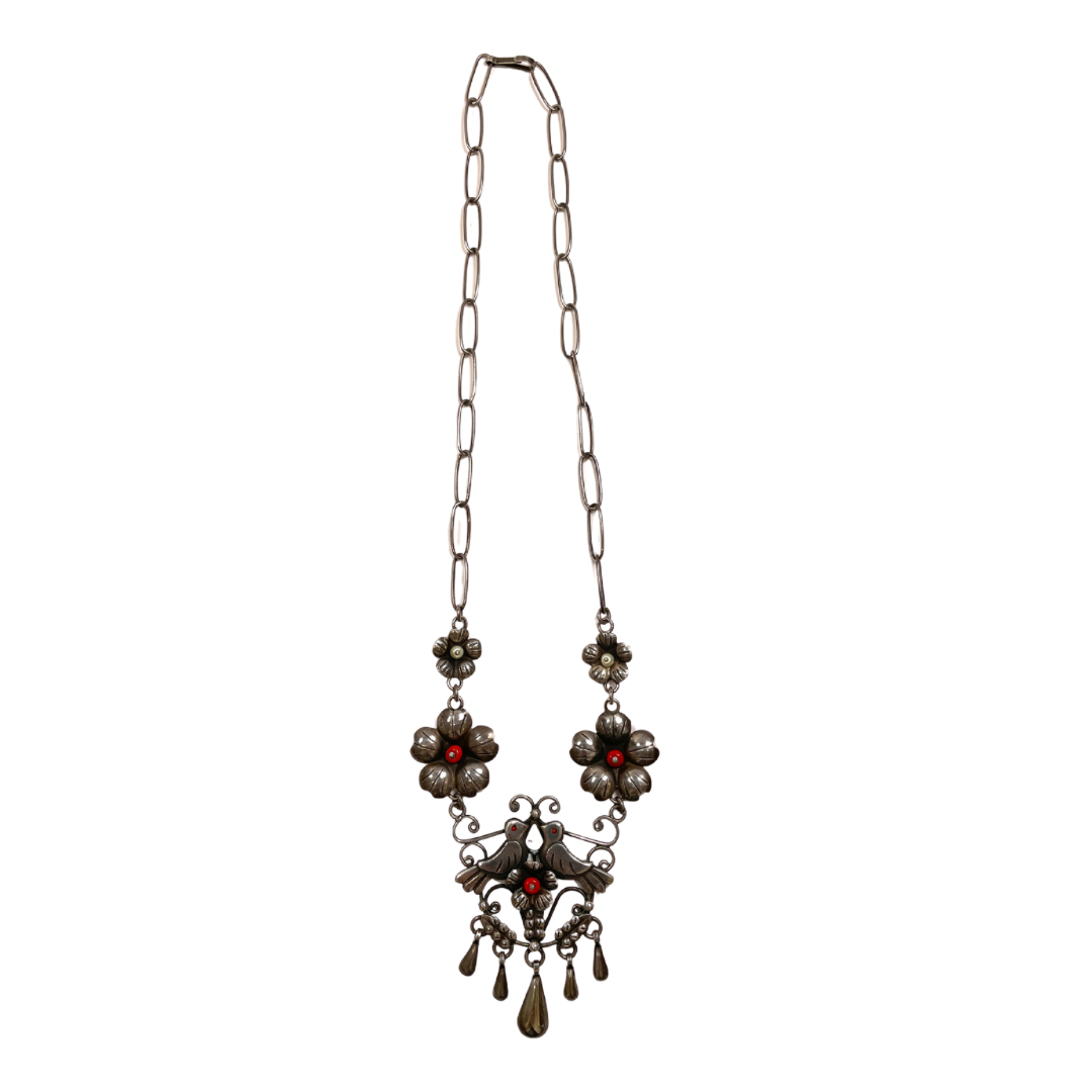 Silver Bird Flower Necklace