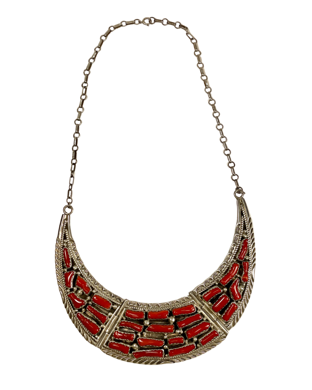 Coral and Sterling Silver Bib Necklace