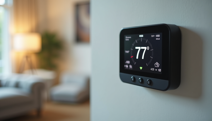 Eye-level view of a digital thermostat on a wall showing room temperature