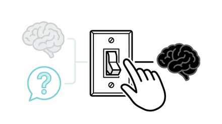 Ilustração minimalista de um interruptor de parede na posição desligado, representando o bloqueio biológico da fala e o apagão mental que profissionais sofrem em reuniões de trabalho em inglês.