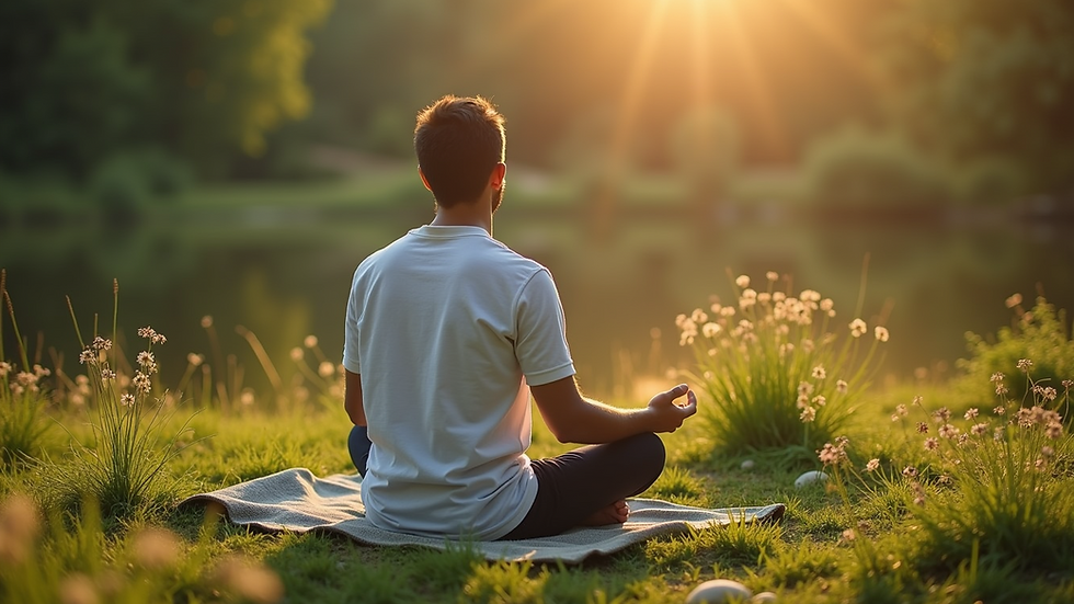 High angle view of a person meditating outdoors surrounded by nature