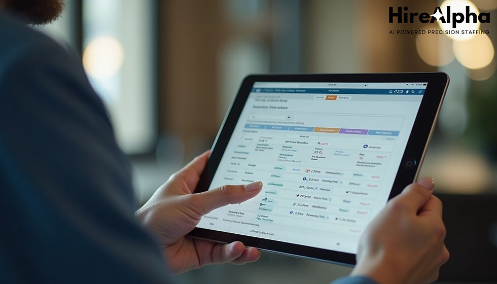 Eye-level view of a manager reviewing flexible workforce schedules on a digital tablet