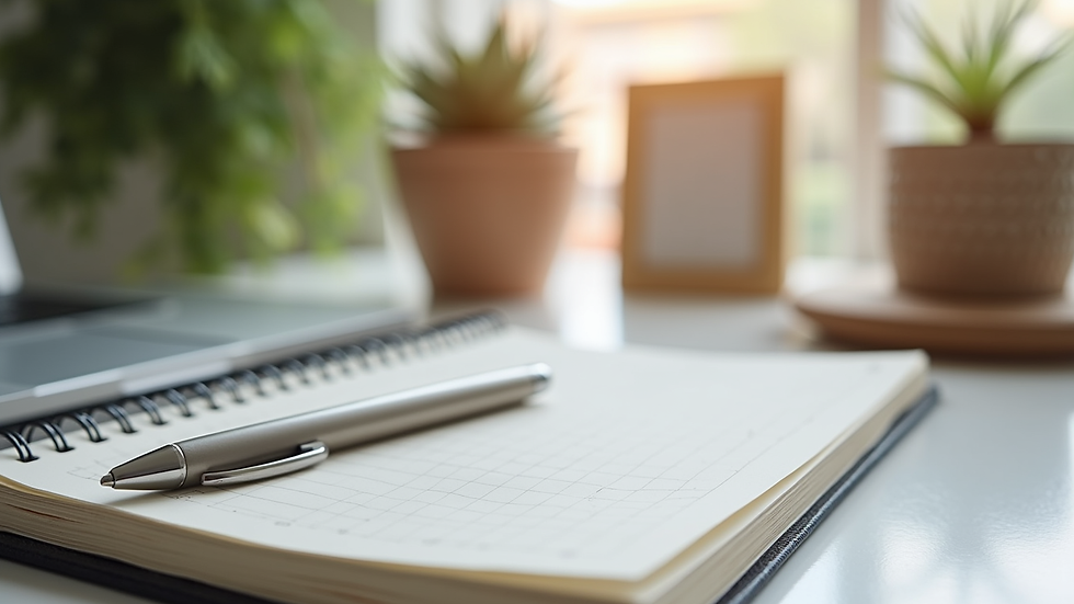 Close-up view of a therapist’s desk with a notebook, pen, and calming decor