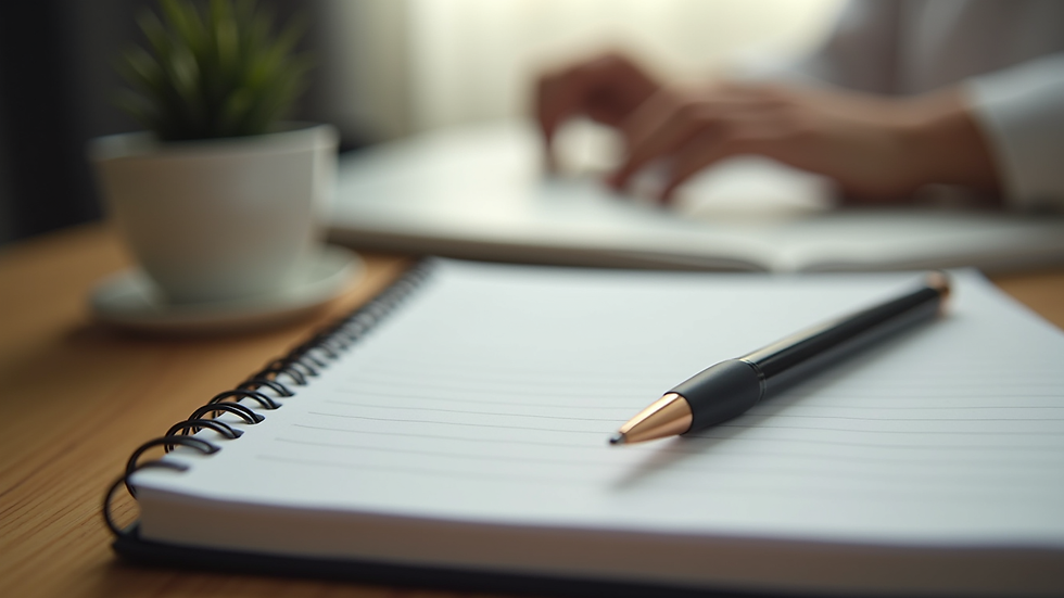 Close-up view of a therapist’s notebook and pen on a wooden desk