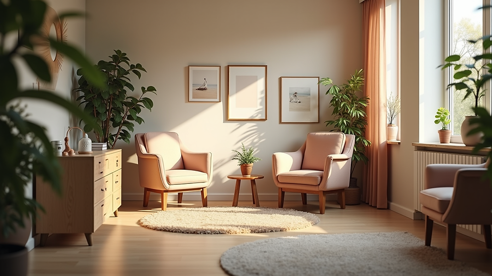 Eye-level view of a cozy therapy office with comfortable chairs and soft lighting