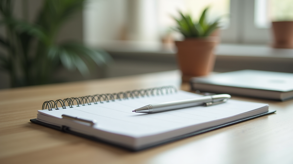 Close-up view of a therapist’s desk with a notebook, pen, and calming decor