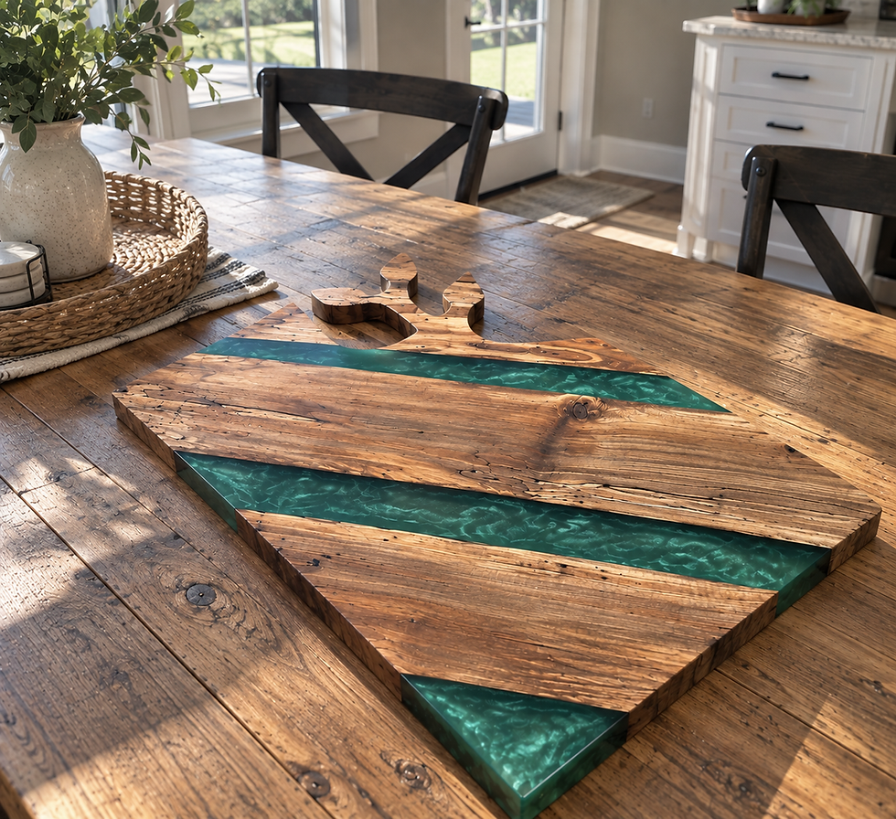 Landscape photo of a wooden and resin serving board on a rustic table in a bright kitchen, warm wood and teal resin, landscape
