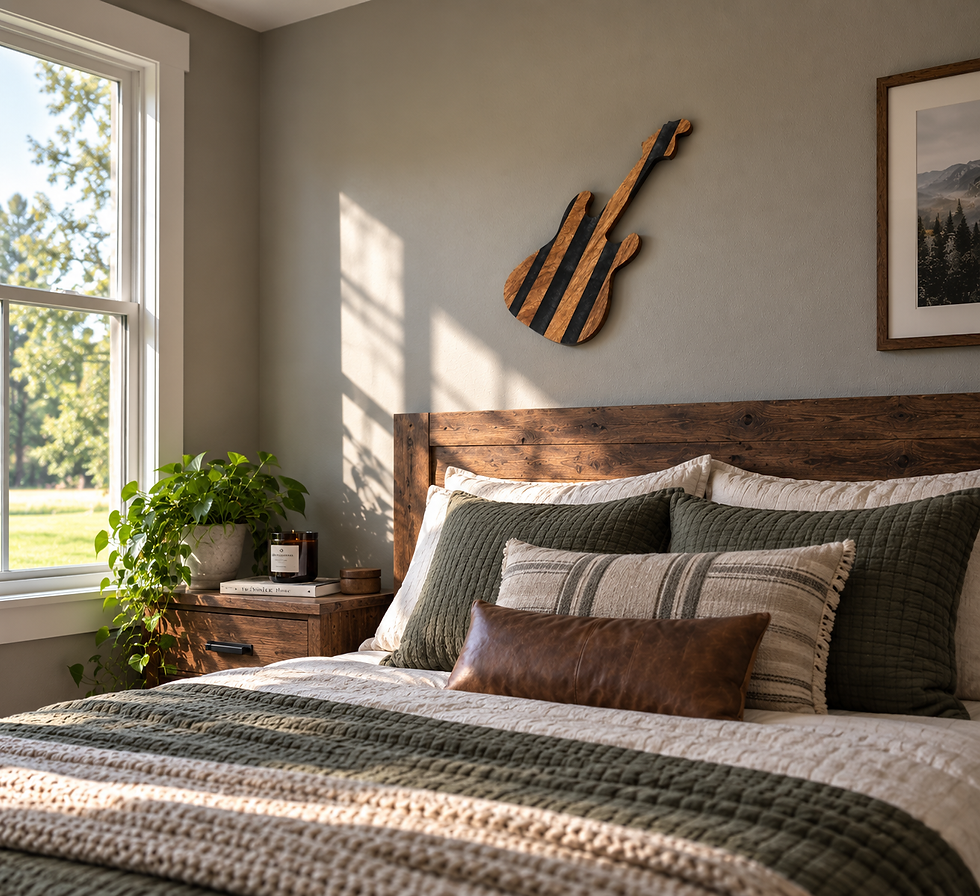 Wooden guitar wall art in cozy bedroom