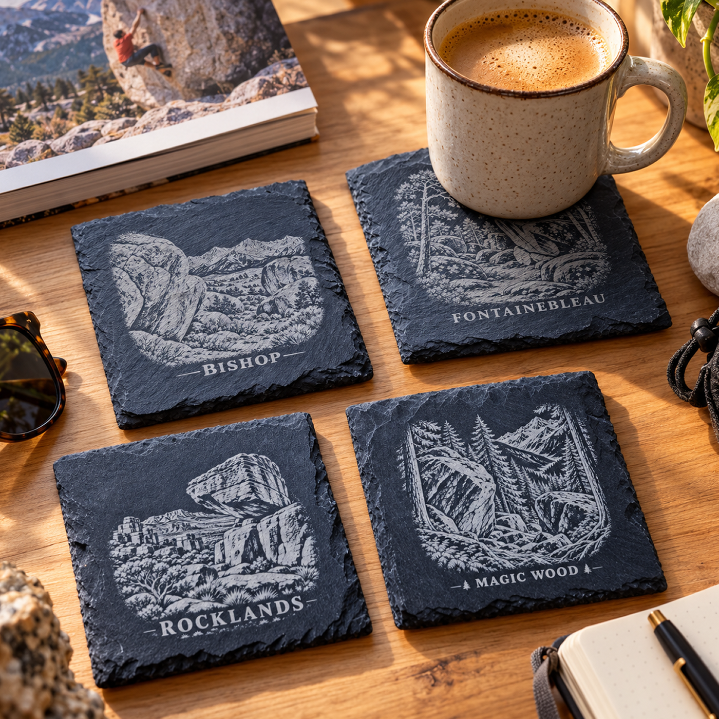 Engraved bouldering slate coasters