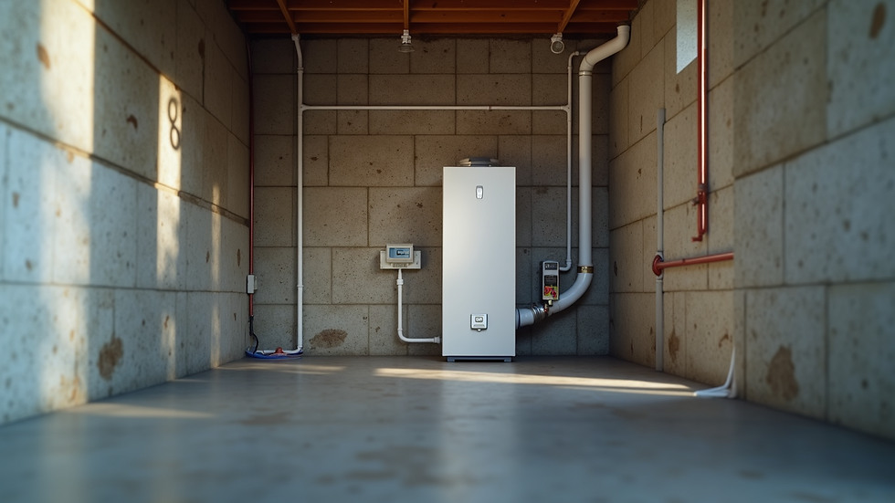 Eye-level view of a heat pump water heater installation