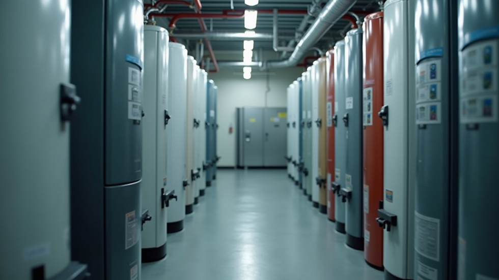 Eye-level view of a variety of water heaters on display