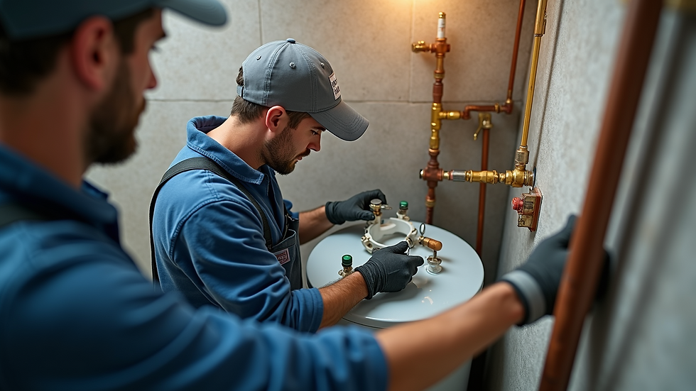 High angle view of an installation team working on a water heater