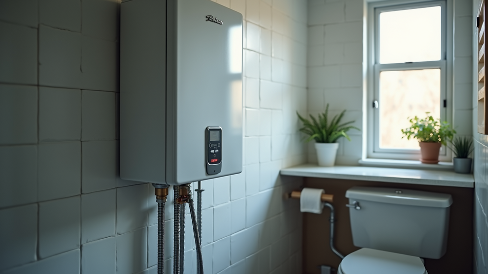 High angle view of a wall-mounted tankless water heater in a small utility room