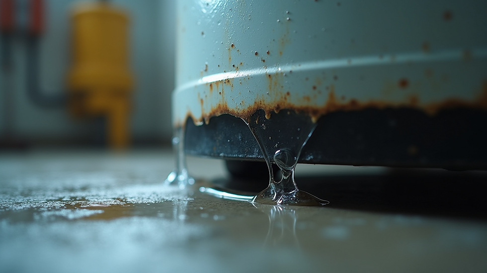 Eye-level view of a water heater with visible moisture around the base