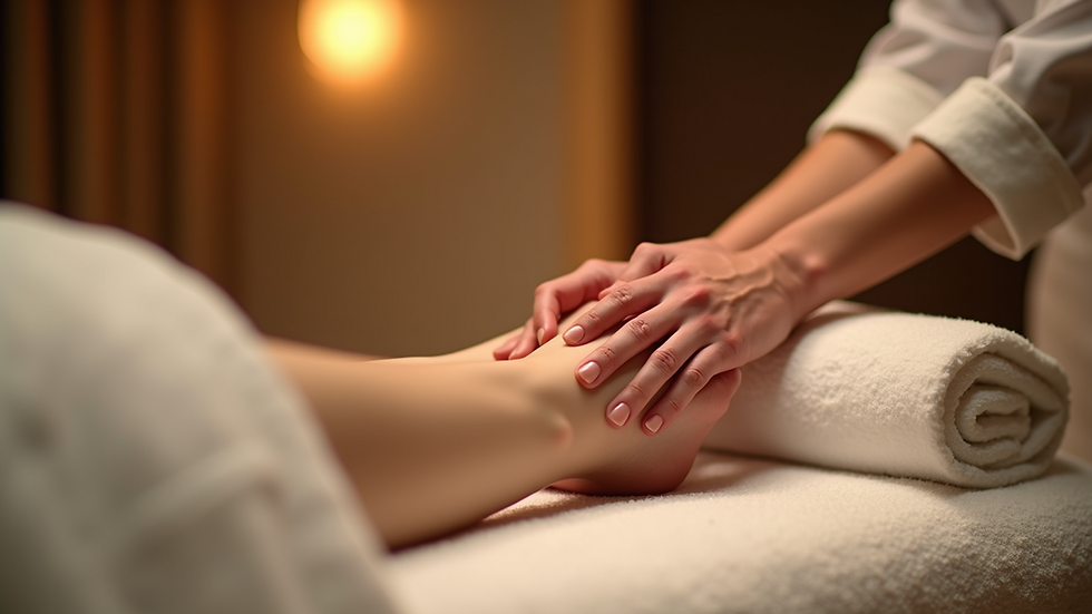 Close-up view of a relaxing foot massage setting with soft lighting